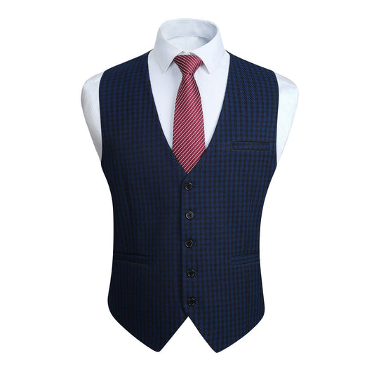 Hisdern Men's Navy Blue Plaid Wedding Vest For Skinny Guys