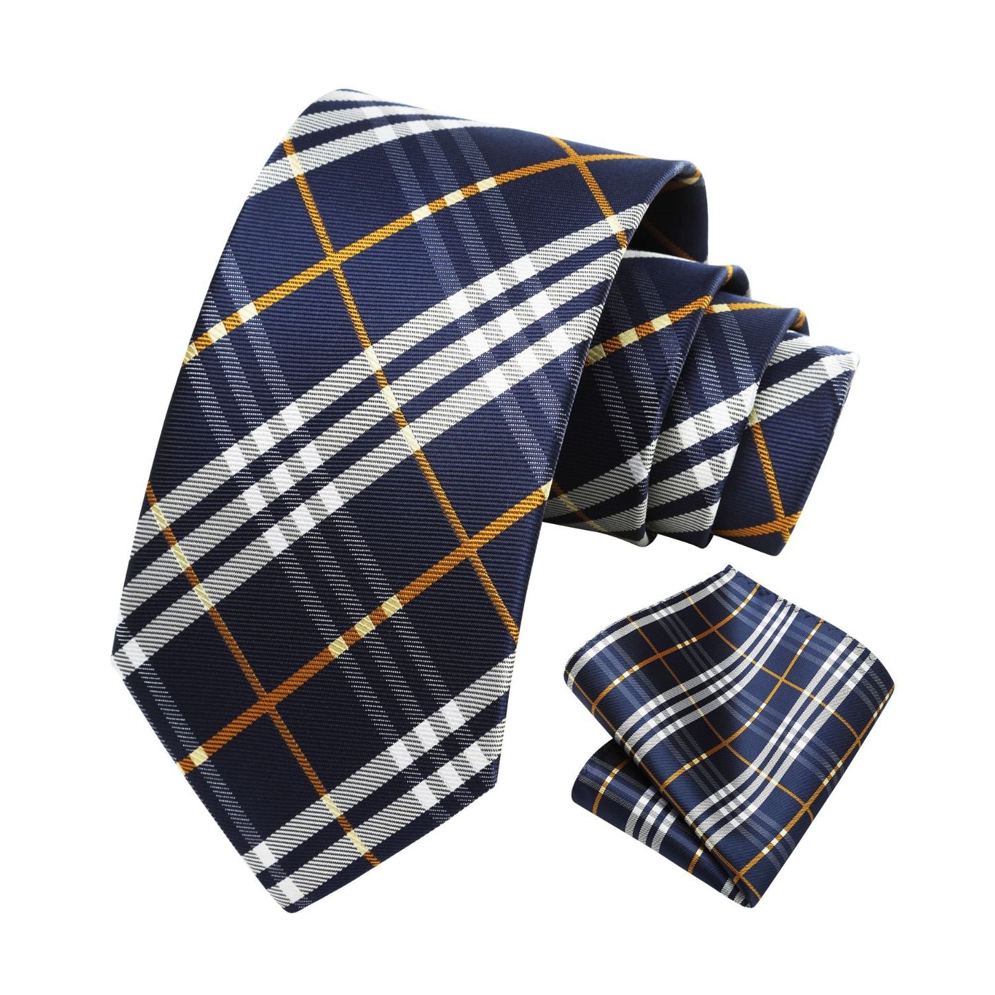 Hisdern Grey Navy Blue Orange Plaid Tie Set For Groomsmen