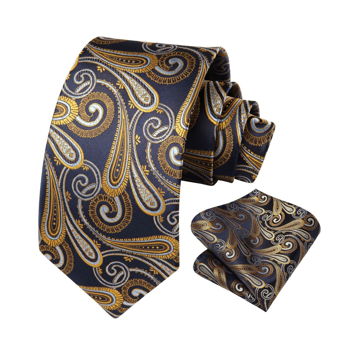 Hisdern Navy Blue Gold Paisley Tie Set For Formal Wear