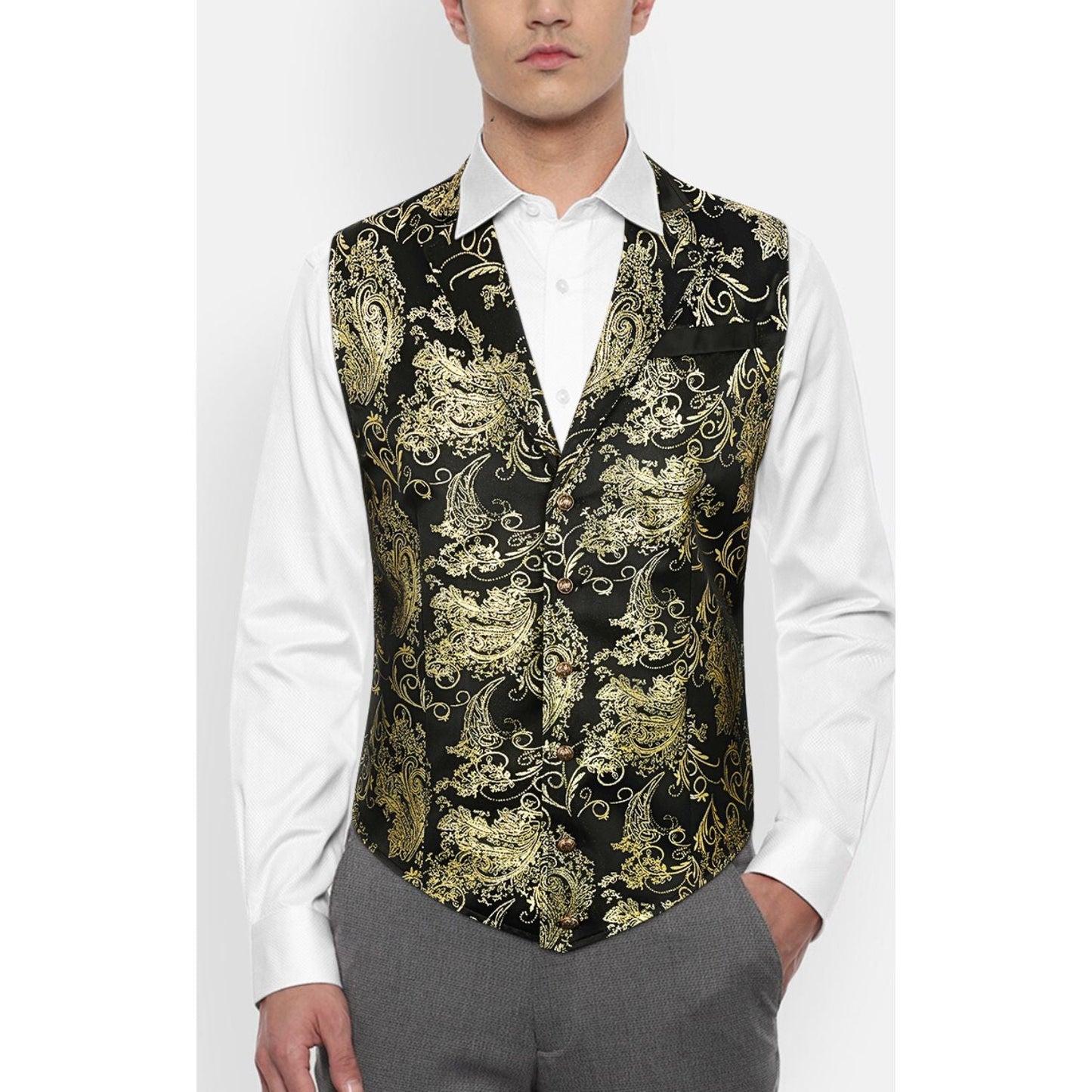 Hisdern Gothic Men's Formal Vest  Black Gold Lapel Party Coat