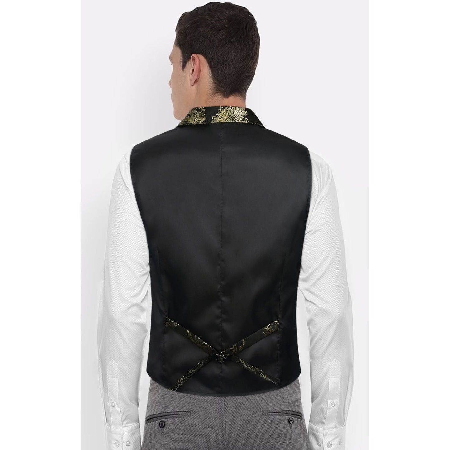 Hisdern Gothic Men's Formal Vest  Black Gold Lapel Party Coat