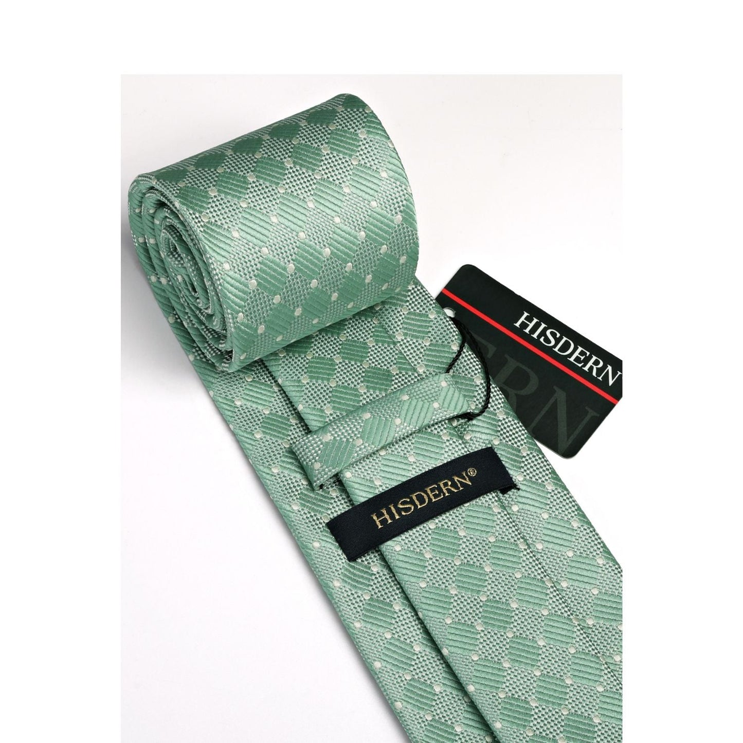 Hisdern Sage Green Plaid Pocket Square With Matching Tie