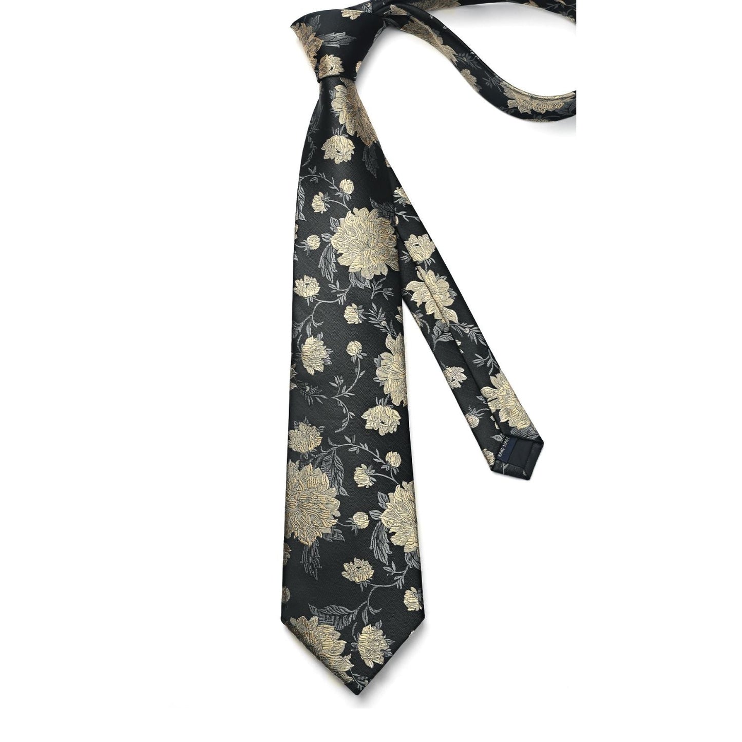 Hisdern Black Floral Wedding Tie Set with Cufflinks