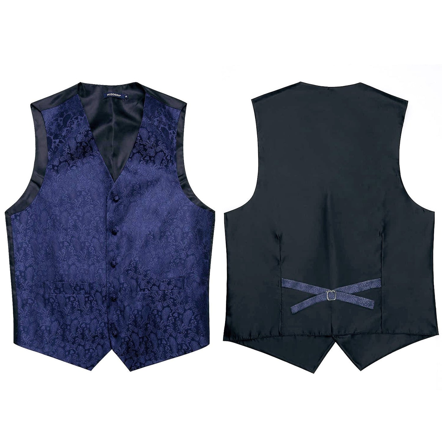 Hisdern Men's Navy Blue Paisley Vest Tie Set For Weddings Anniversary