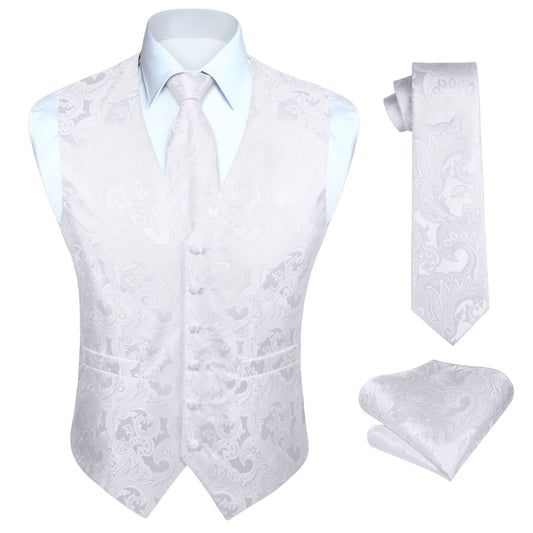 Hisdern Men's White Paisley Vest Tie Set For Weddings Anniversary