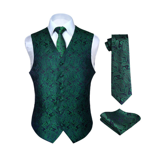 Hisdern Men's Green Purple Paisley Vest Tie Set For Weddings