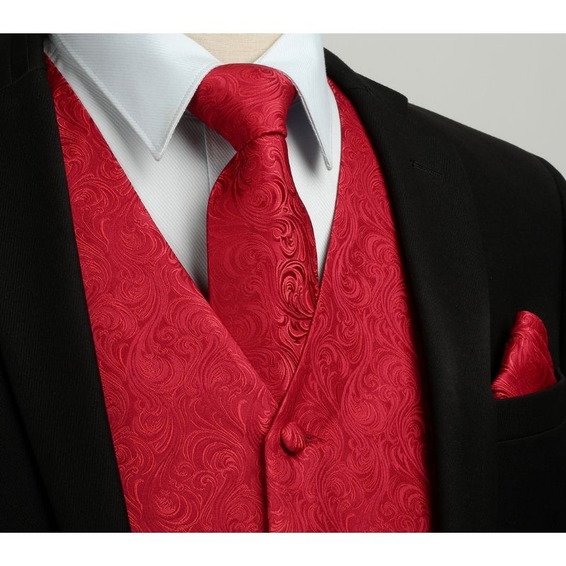 Hisdern Men's Red Paisley Vest Tie Set For Weddings Anniversary