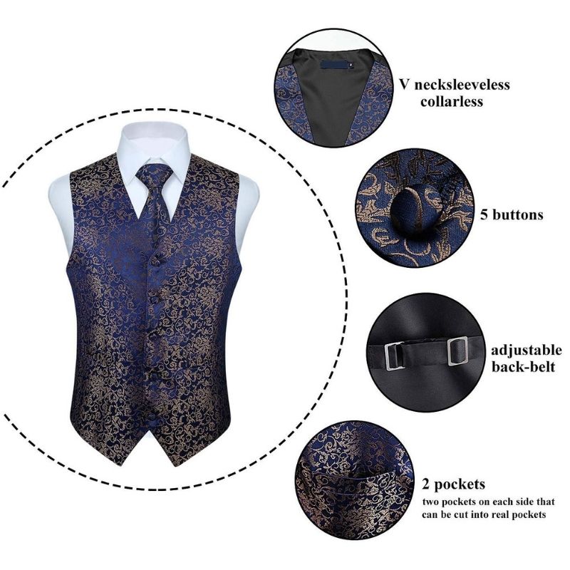 Hisdern Men's Navy Blue Brown Paisley Vest Tie Set For Weddings Anniversary
