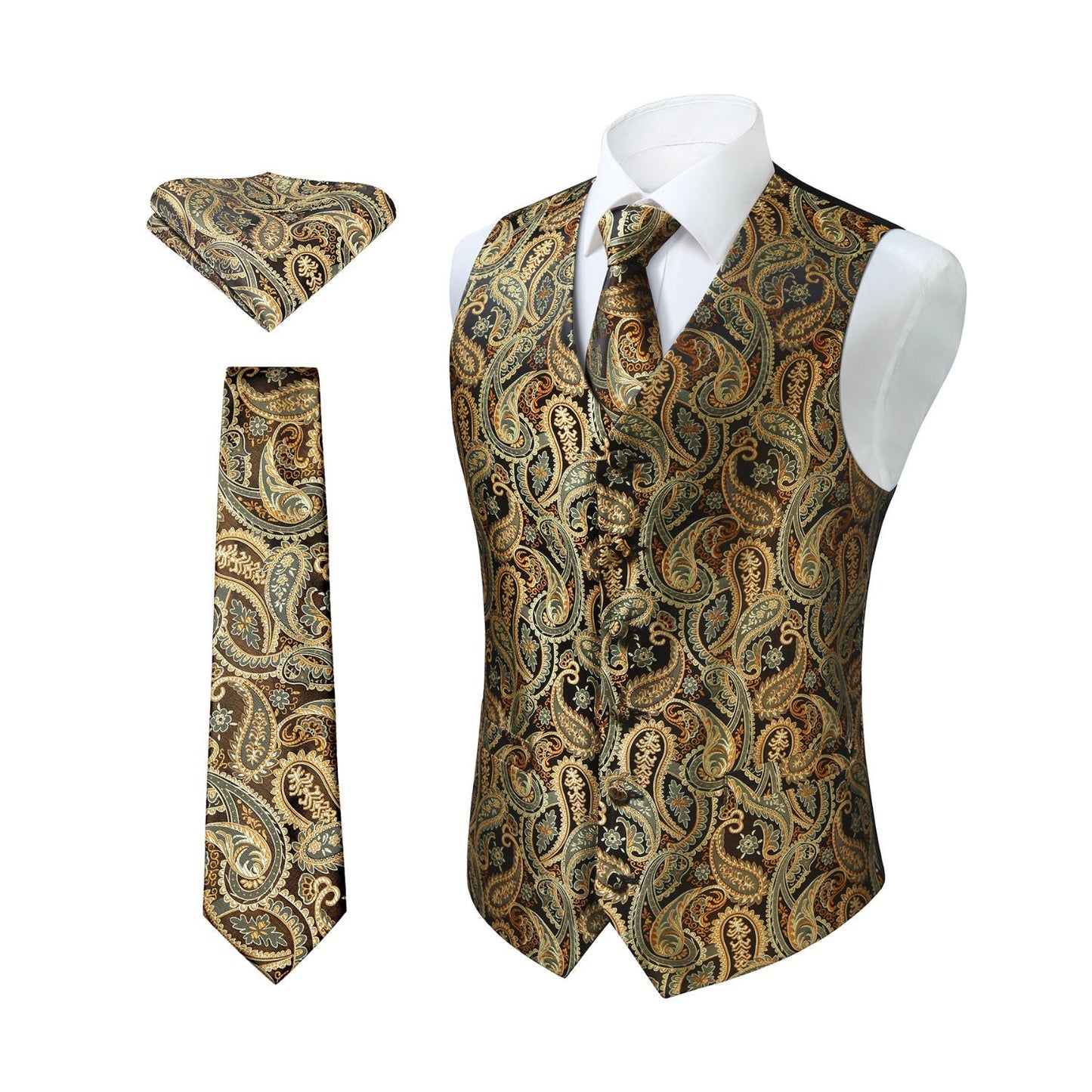 Hisdern Men's Gold Paisley Vest Tie Set For Weddings