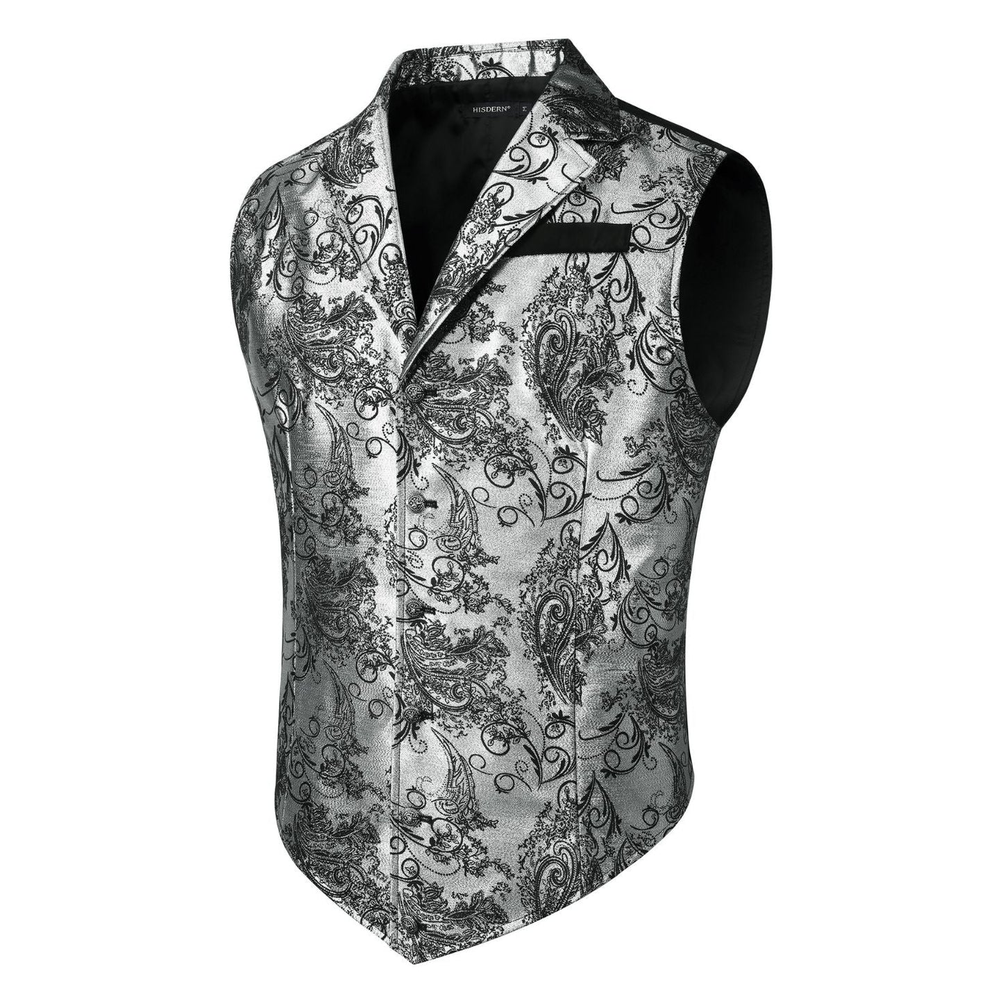 Hisdern Gothic Men's Formal Vest Silver Black Lapel Party Coat