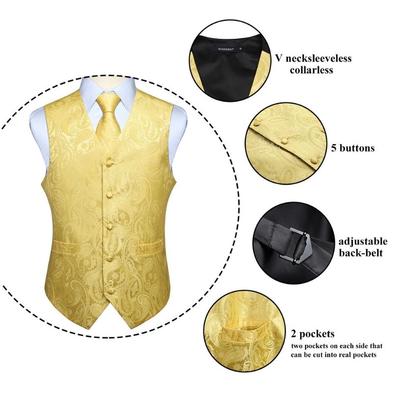 Hisdern Men's Yellow Paisley Vest Tie Set For Weddings Anniversary