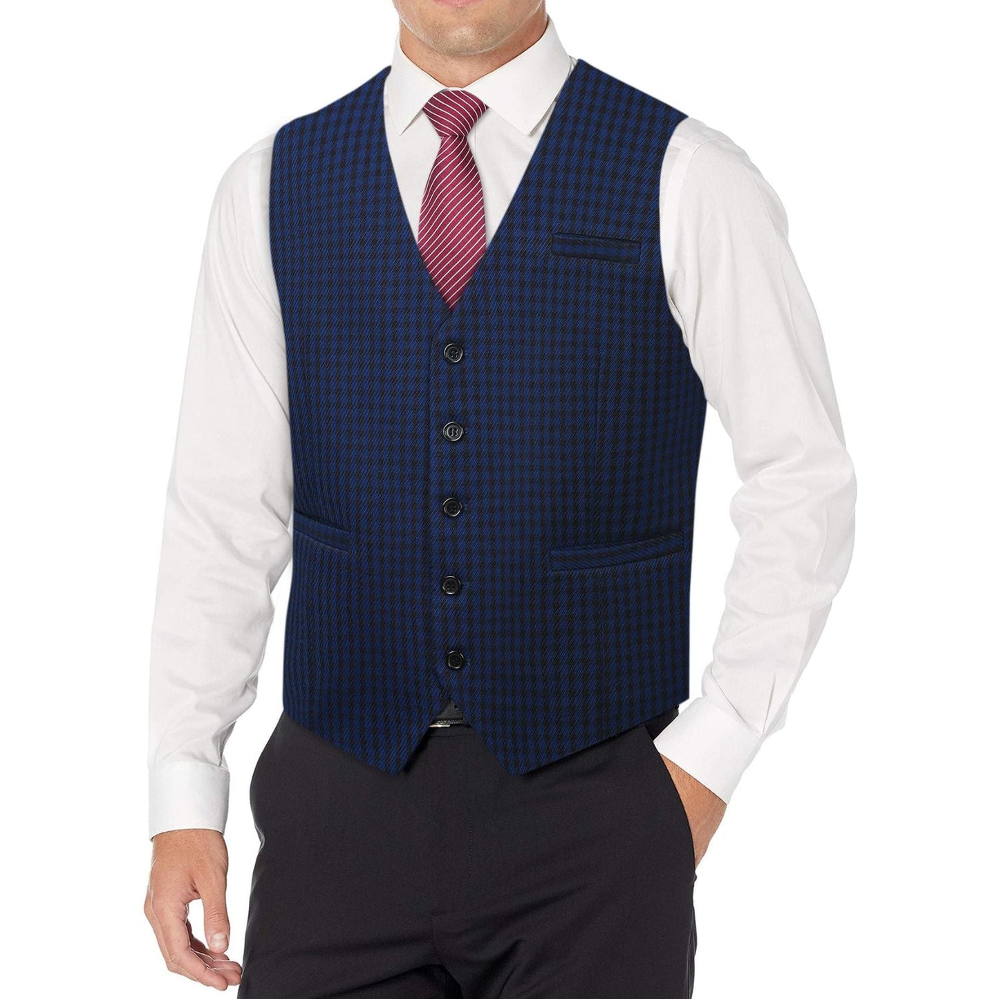 Hisdern Men's Navy Blue Plaid Wedding Vest For Skinny Guys