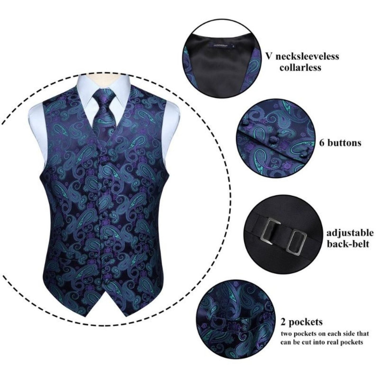 Hisdern Men's Purple Green Paisley Vest Tie Set For Weddings