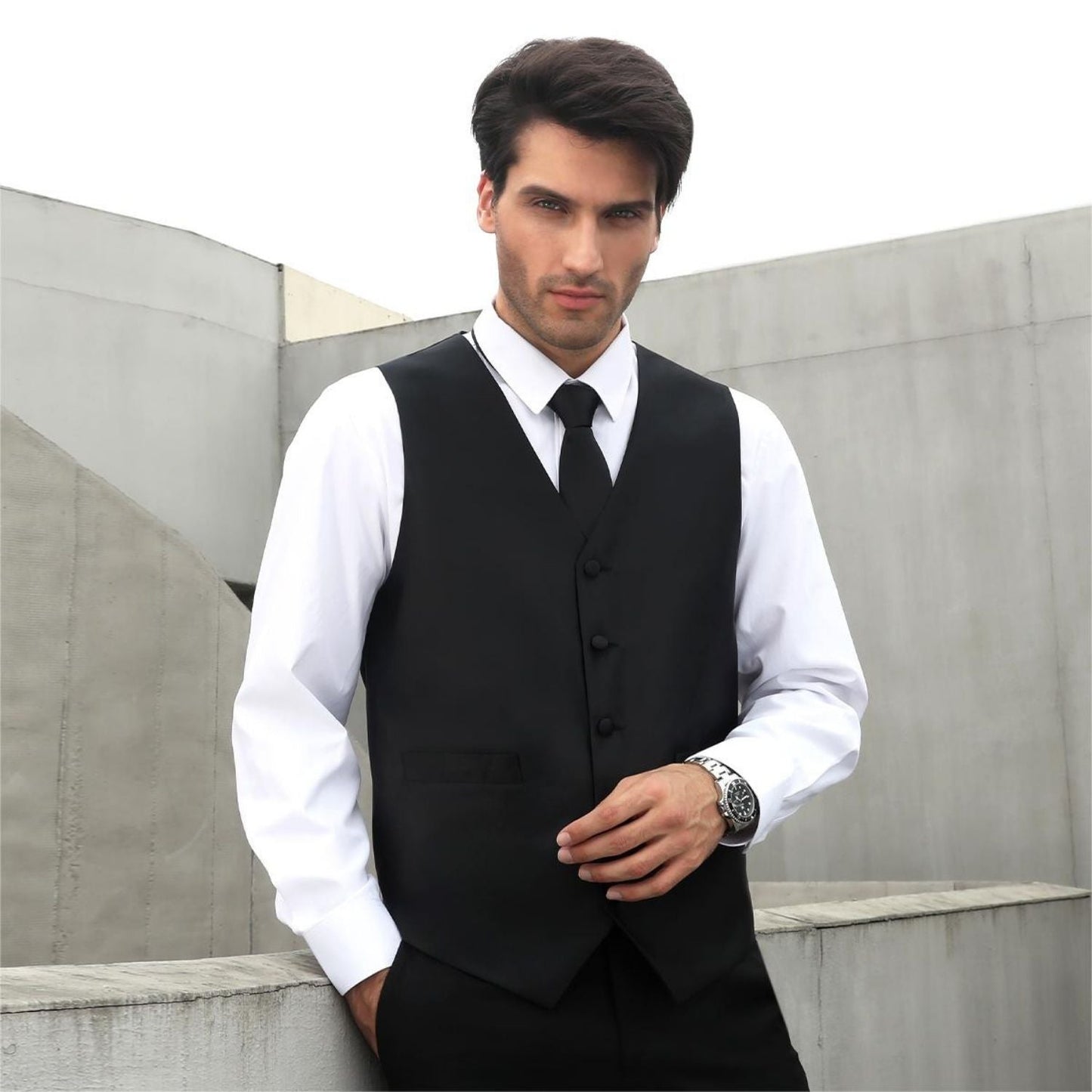 Hisdern BLACK Solid 3pc Suit Vest Set for wedding