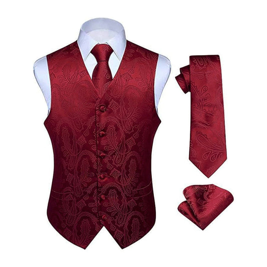 Hisdern Men's Burgundy Paisley Vest Tie Set For Weddings Anniversary