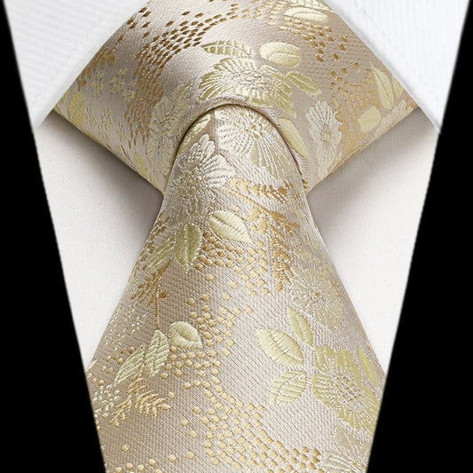 Hisdern Gold Formal Tie Set – Floral Tie & Pocket Square for Wedding