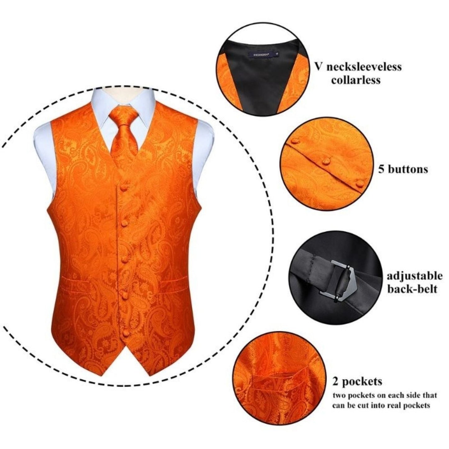 Hisdern Men's Orange Paisley Vest Tie Set For Weddings
