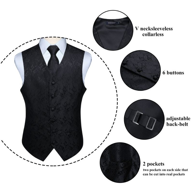 Hisdern Men's Black Paisley Vest Tie Set For Weddings