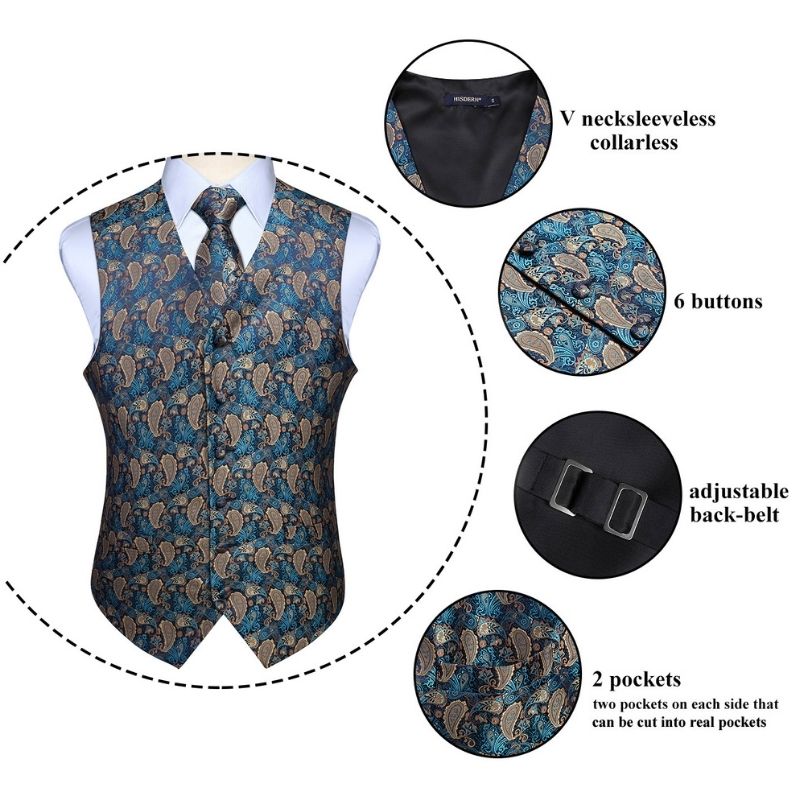 Hisdern Men's Navy Blue Brown Paisley Vest Tie Set For Weddings
