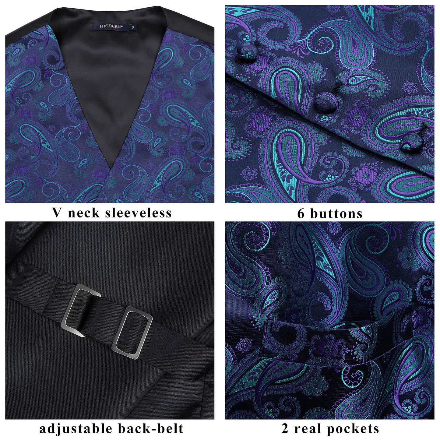 Hisdern Men's Purple Green Paisley Vest Tie Set For Weddings