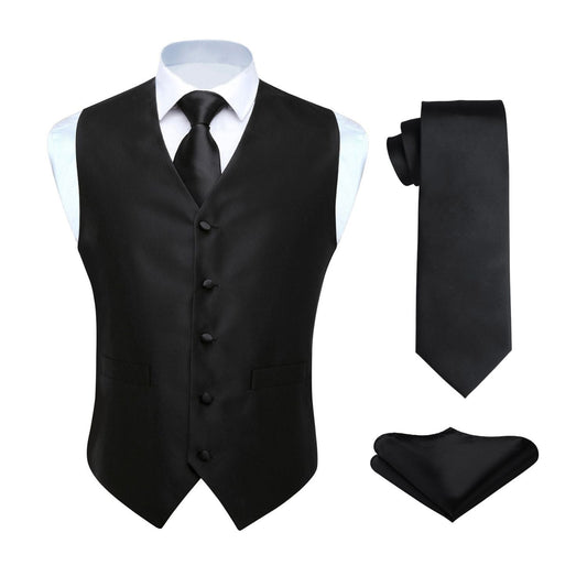 Hisdern BLACK Solid 3pc Suit Vest Set for wedding