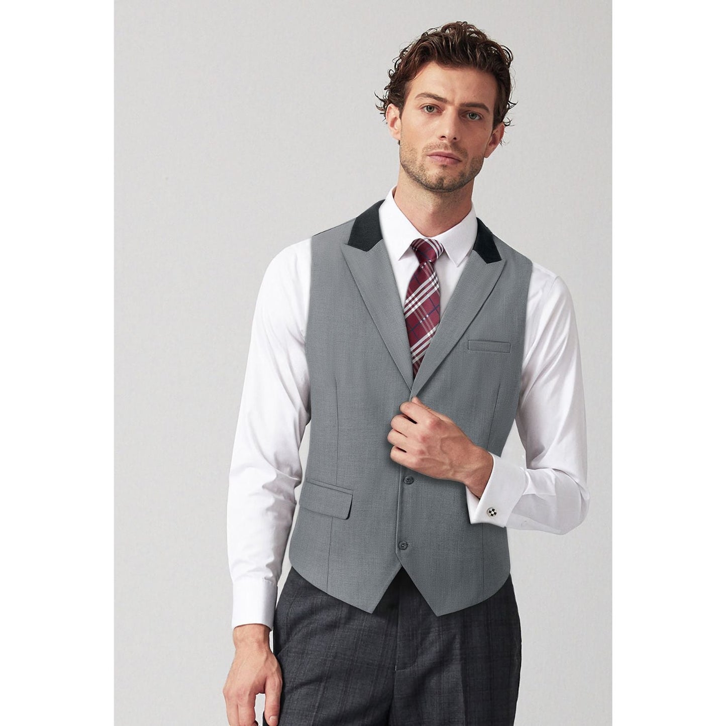 Hisdern Men's Light Grey Satin Suit Vest with Lapel Formal Wear