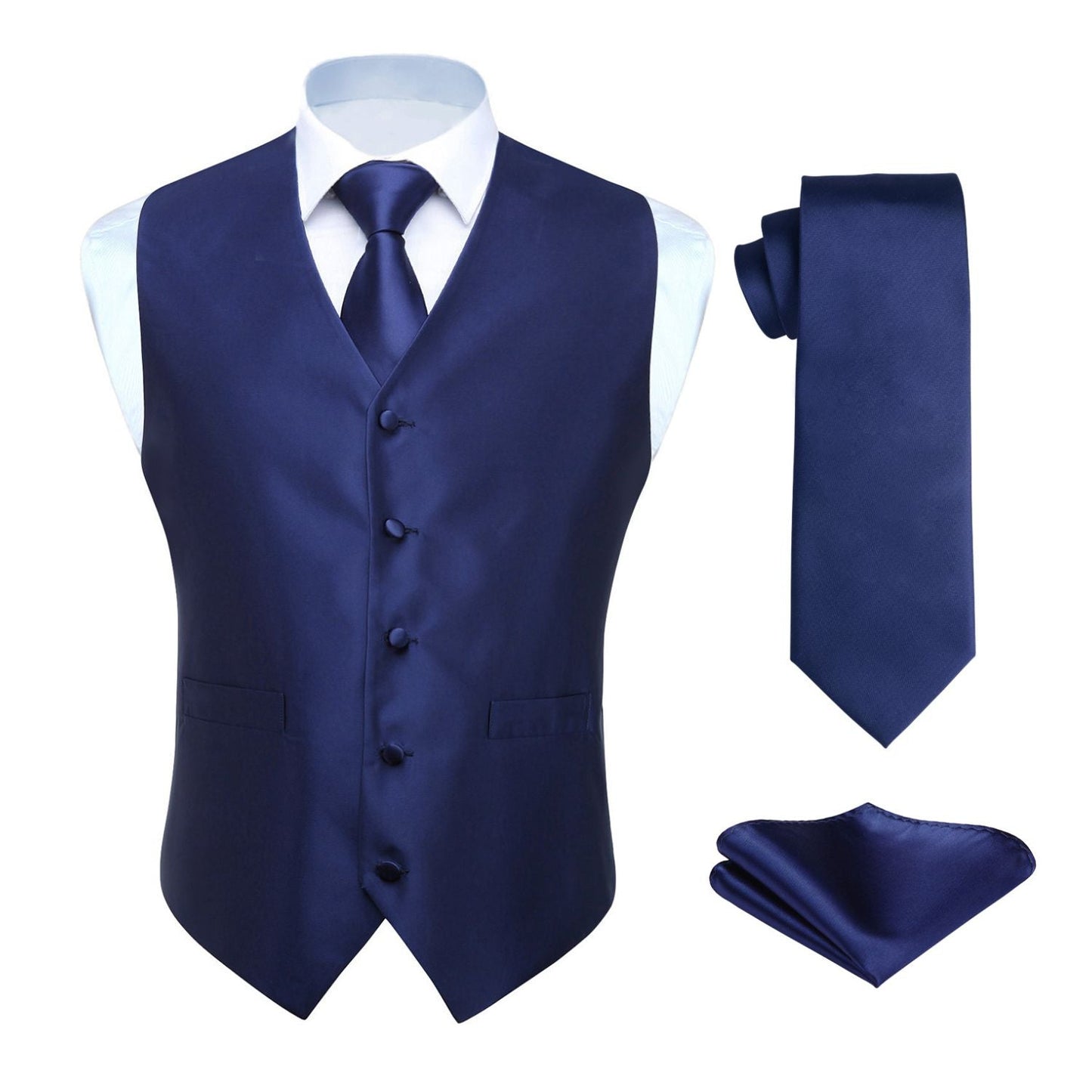 Hisdern Men's Dark Blue Solid Vest Tie Set For Formal Wear