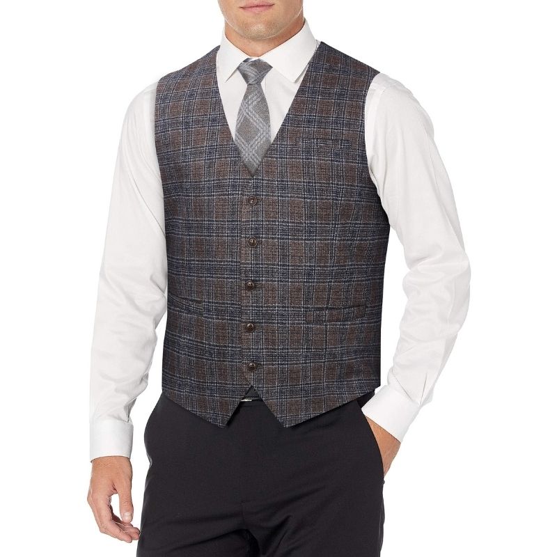 Hisdern Men's Light Brown Plaid Wedding Vest For Skinny Guys