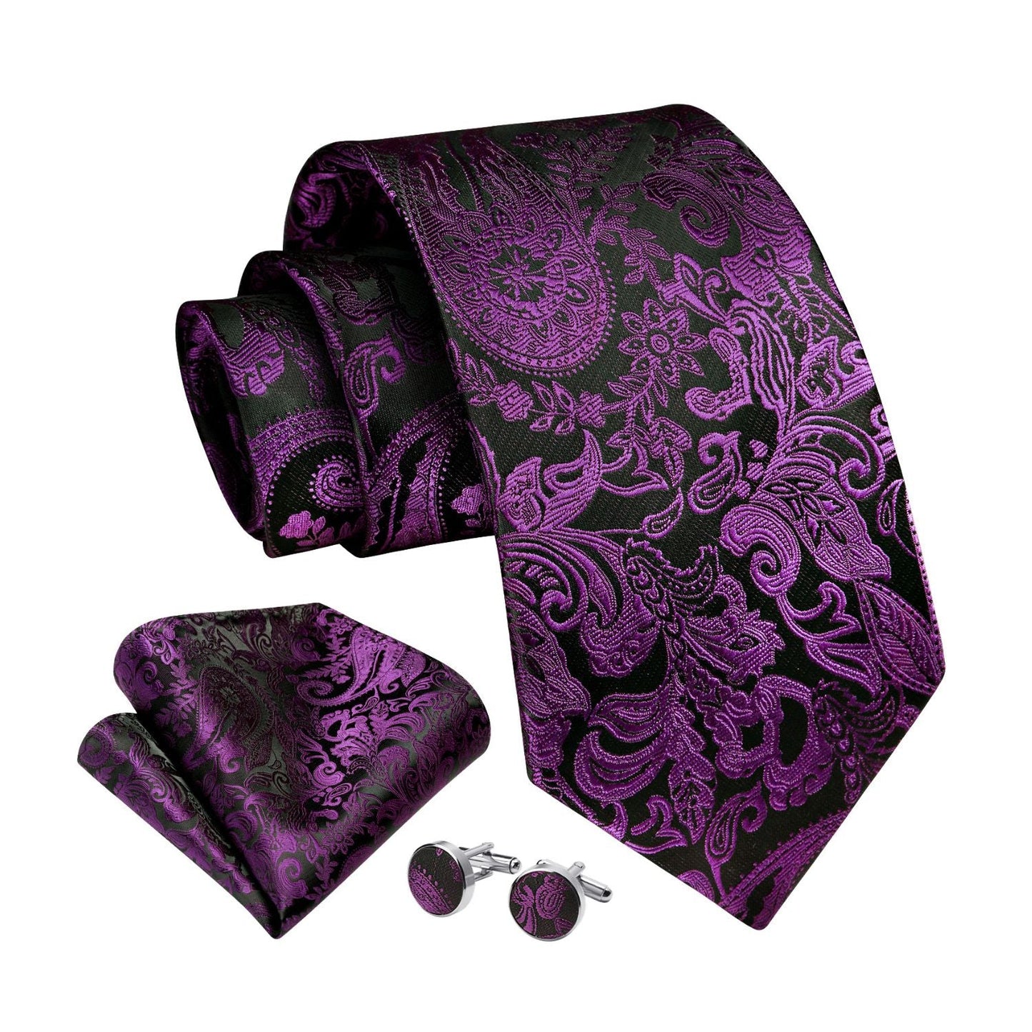 Hisdern Purple Paisley Wedding Accessories Set with Cufflinks