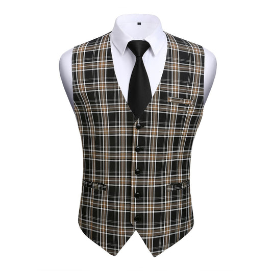 Hisdern Men's Brown Black Plaid Wedding Vest For Skinny Guys