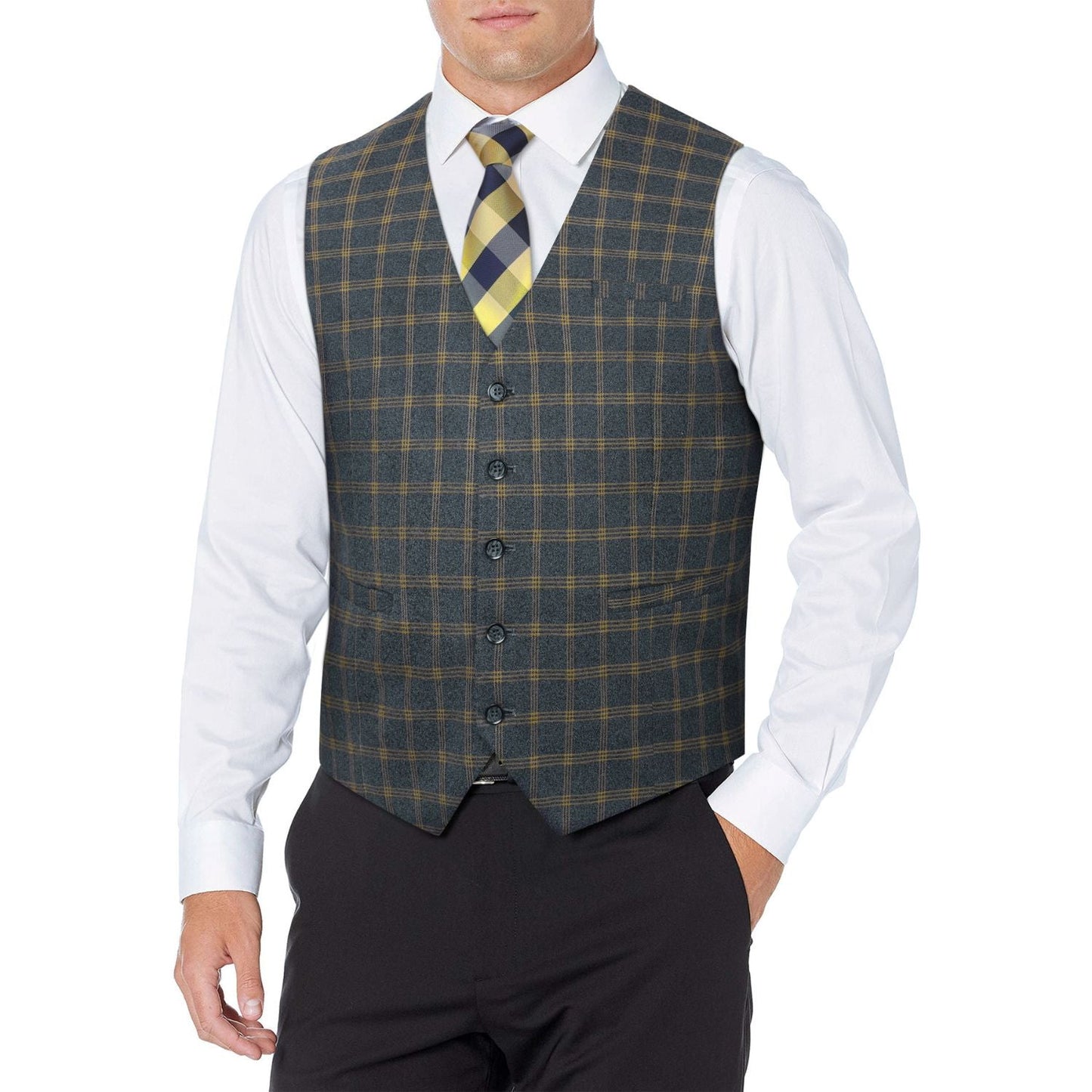 Hisdern Men's Brown Blue Plaid Slim Suit Vest Formal Wear