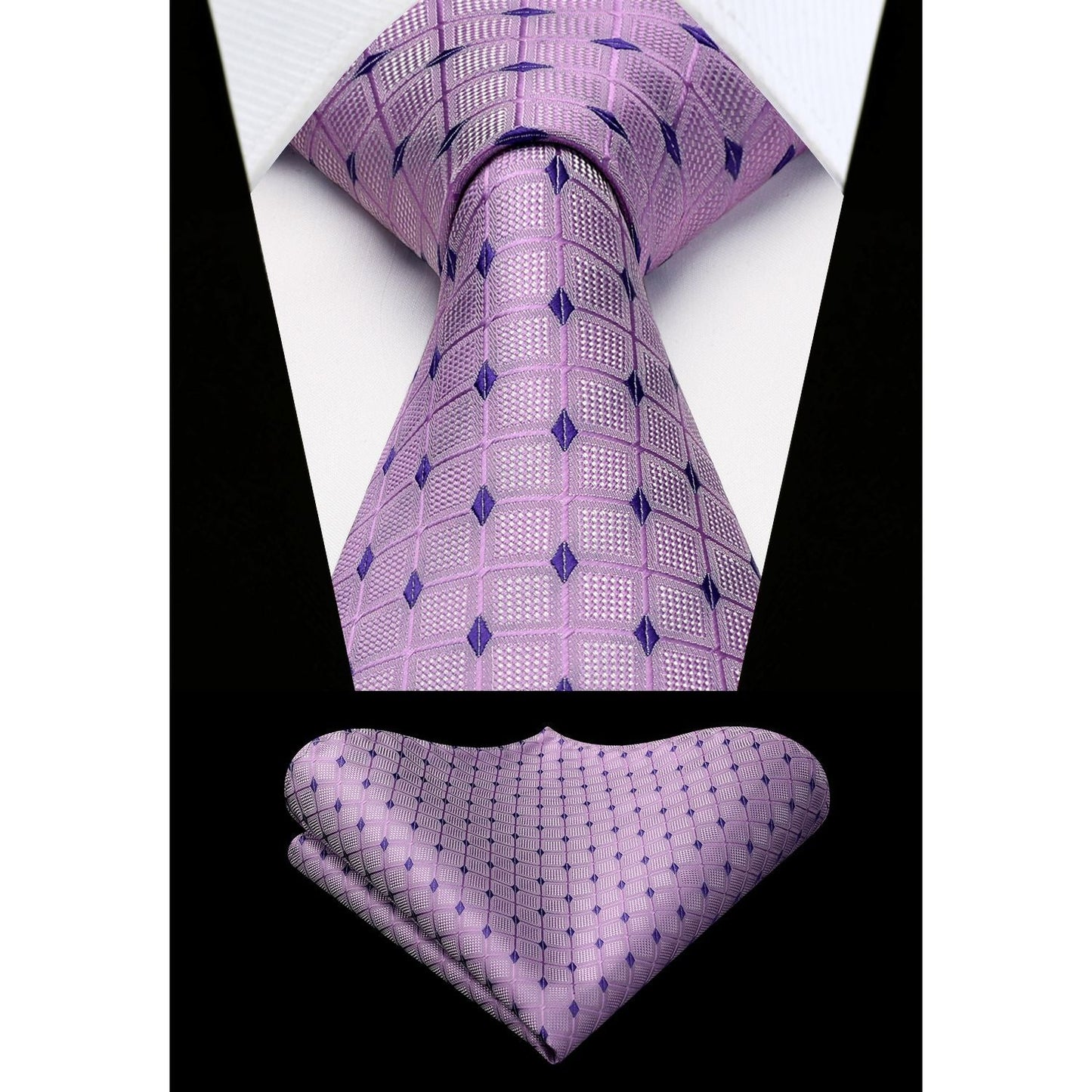 Hisdern Purple Plaid Pocket Square With Matching Tie