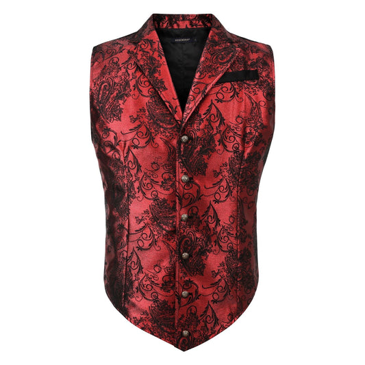 Hisdern Gothic Men's Formal Vest Silver Red Black Lapel Party Coat