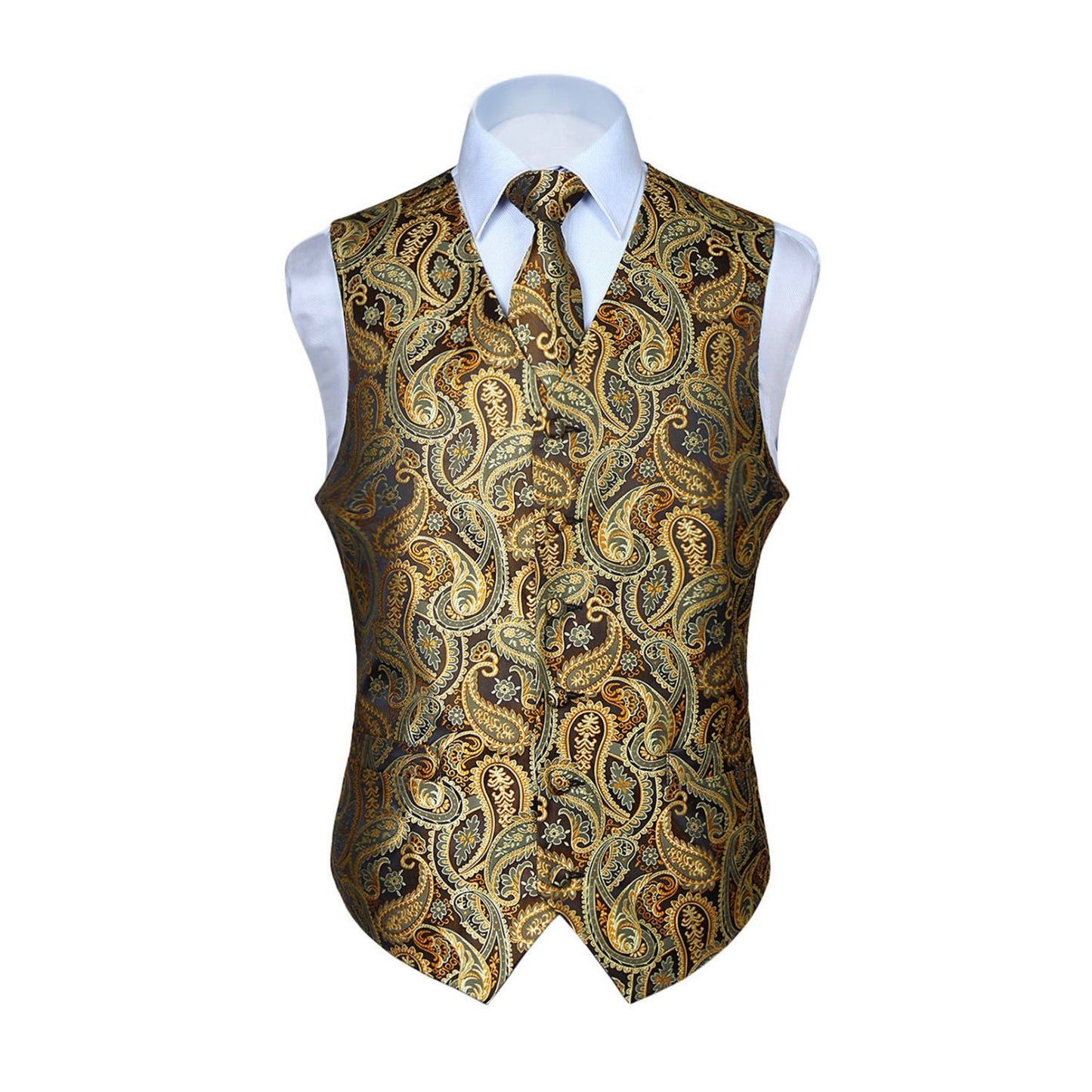 Hisdern Men's Gold Paisley Vest Tie Set For Weddings