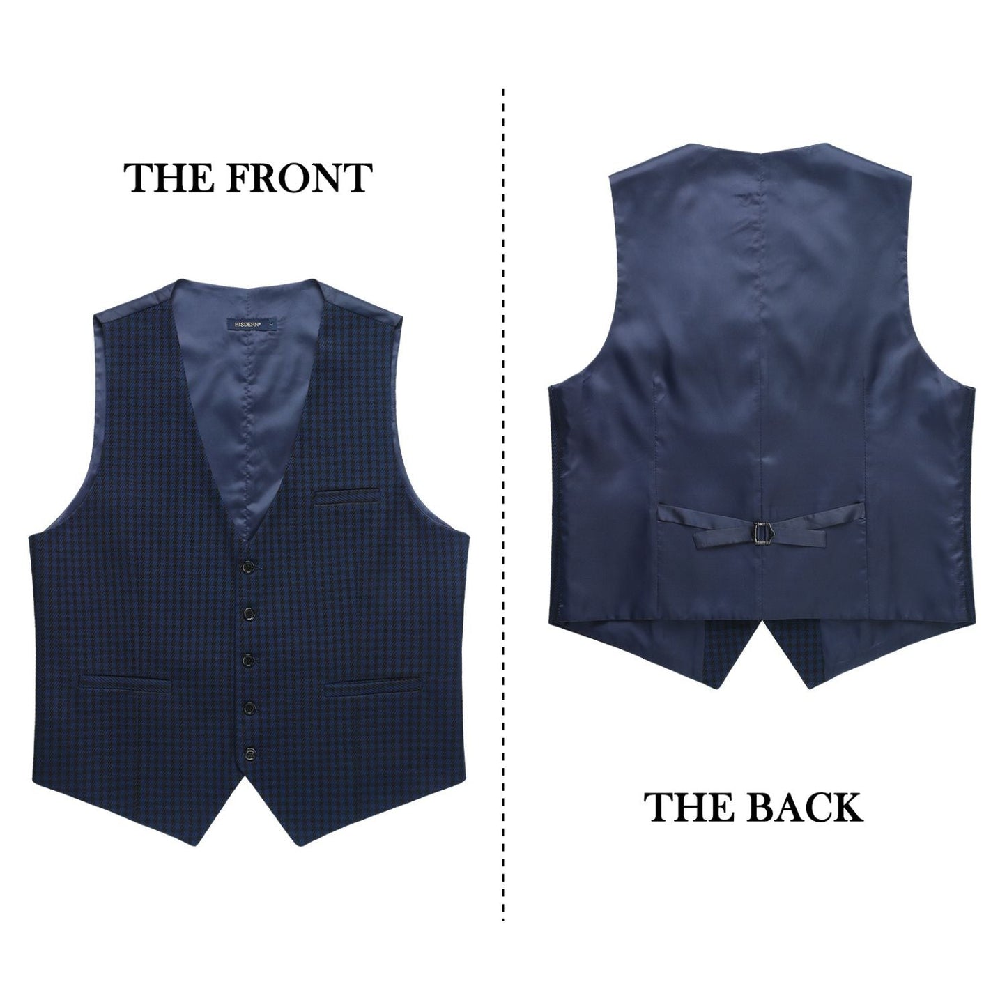 Hisdern Men's Navy Blue Plaid Wedding Vest For Skinny Guys