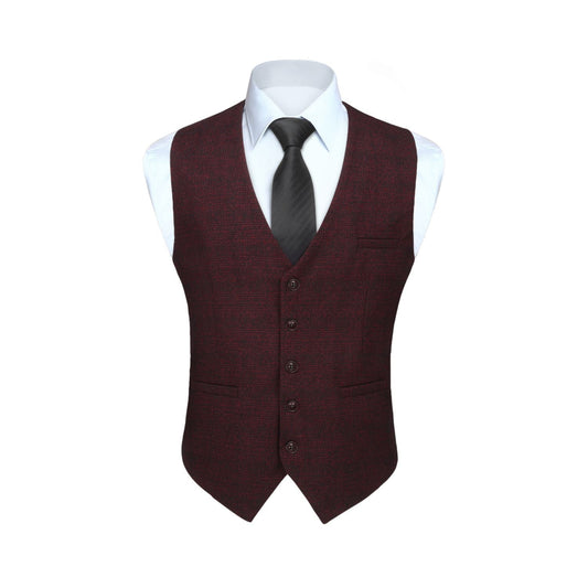 Hisdern Men's Burgundy Plaid Wedding Vest For Skinny Guys
