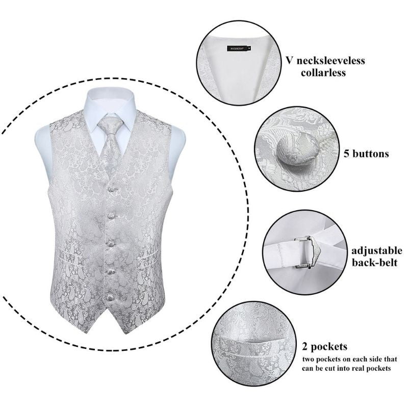 Hisdern Men's White Paisley Vest Tie Set For Weddings Anniversary