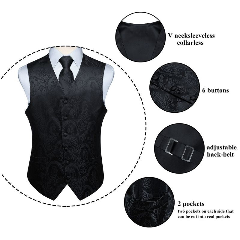 Hisdern Men's Black Paisley Vest Tie Set For Weddings