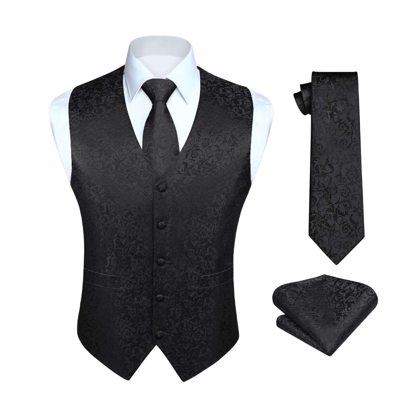 Hisdern Men's Black Floral Vest Tie Set For Weddings
