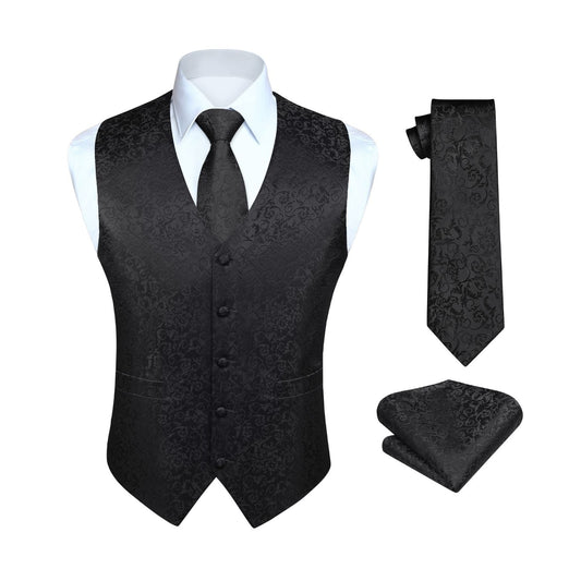 Hisdern Men's Black Floral Vest Tie Set For Weddings