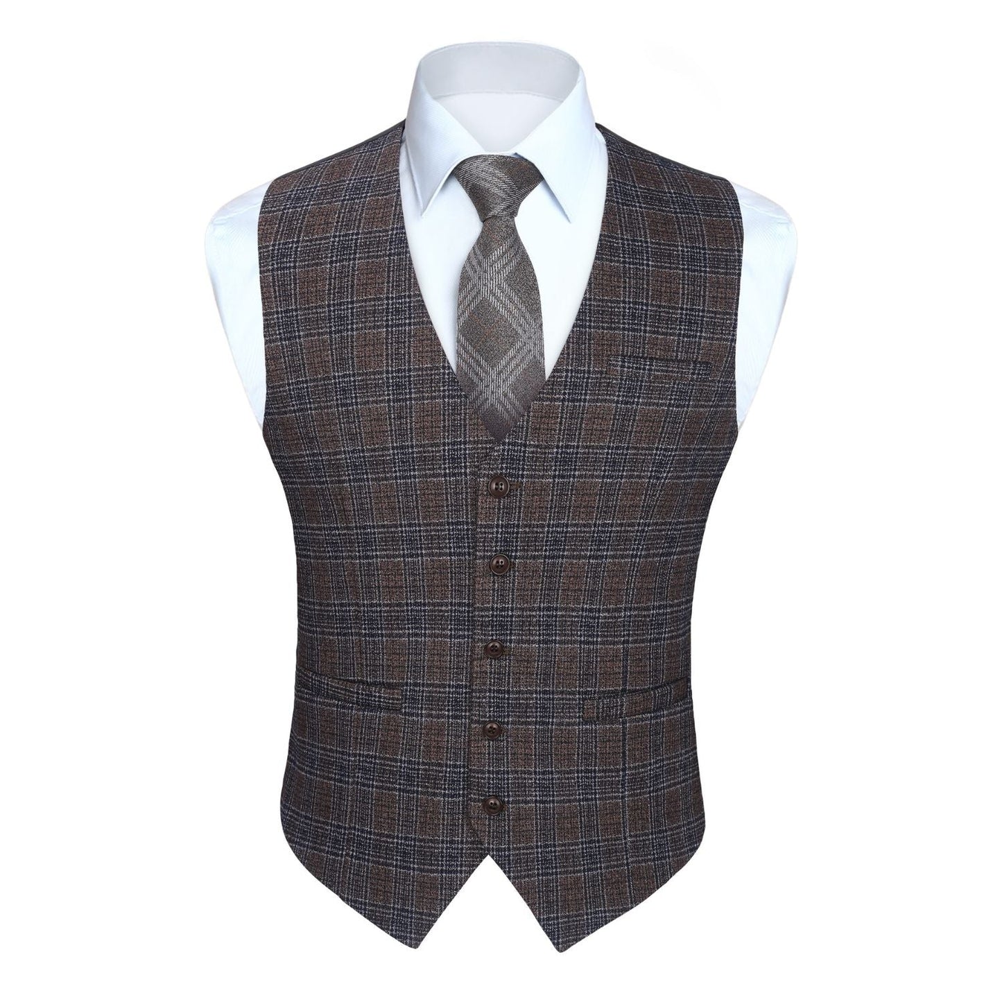 Hisdern Men's Light Brown Plaid Wedding Vest For Skinny Guys