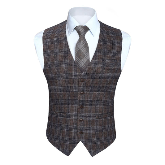 Hisdern Men's Light Brown Plaid Wedding Vest For Skinny Guys