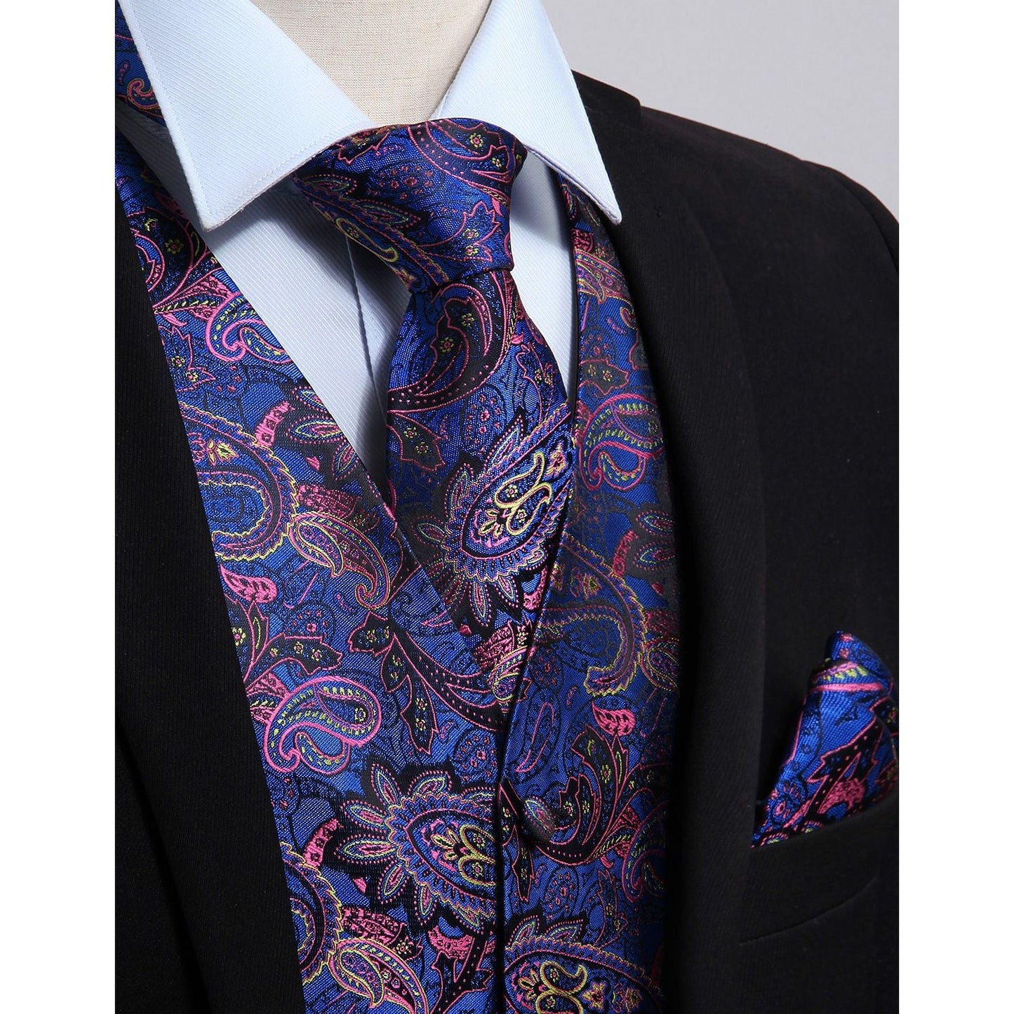 Hisdern Men's Blue Pink Paisley Vest Tie Set For Weddings