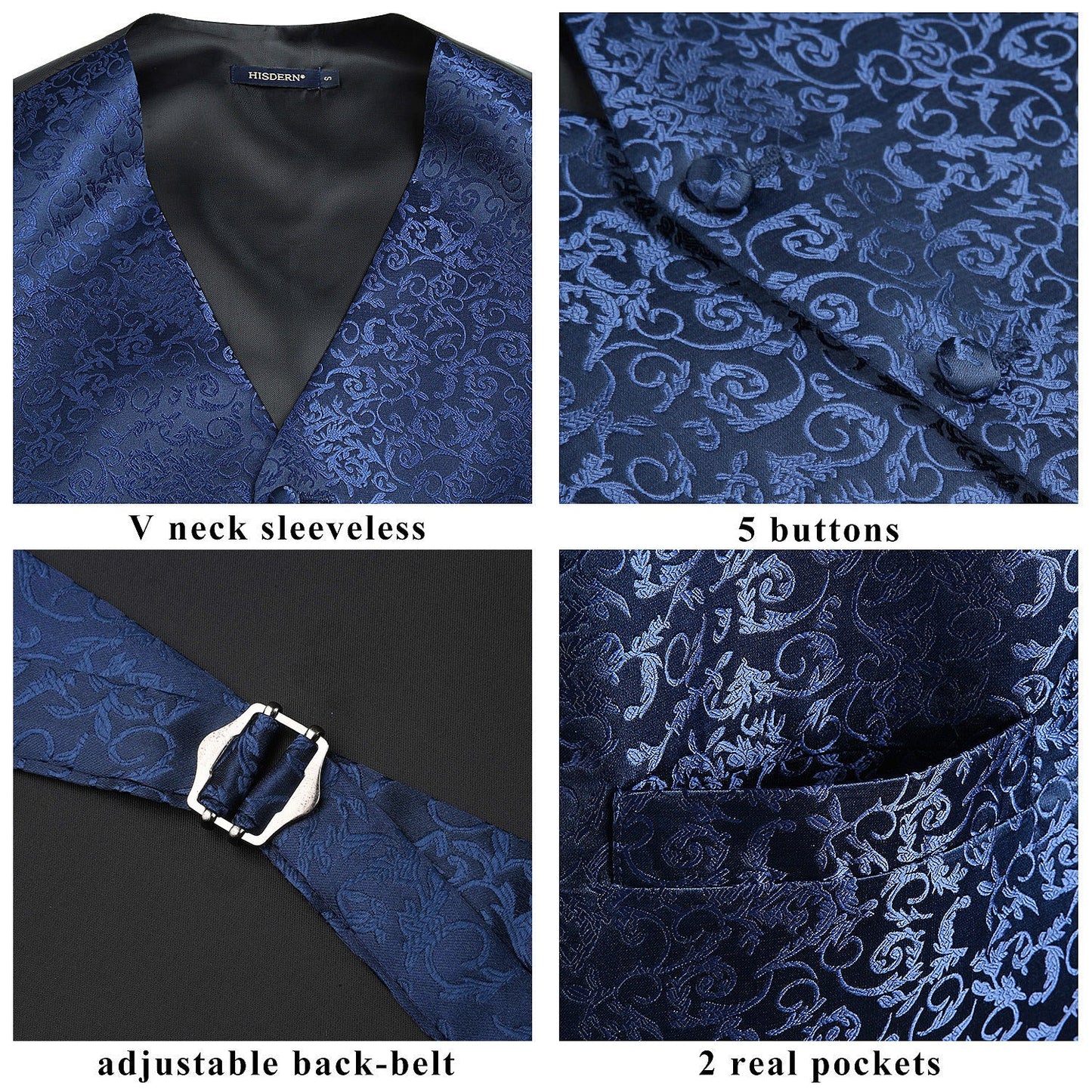 Hisdern Men's Navy Blue Paisley Vest Tie Set For Weddings