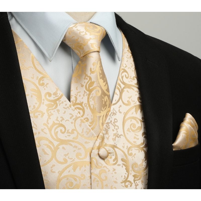 Hisdern Men's Yellow Gold Floral Vest Tie Set For Weddings