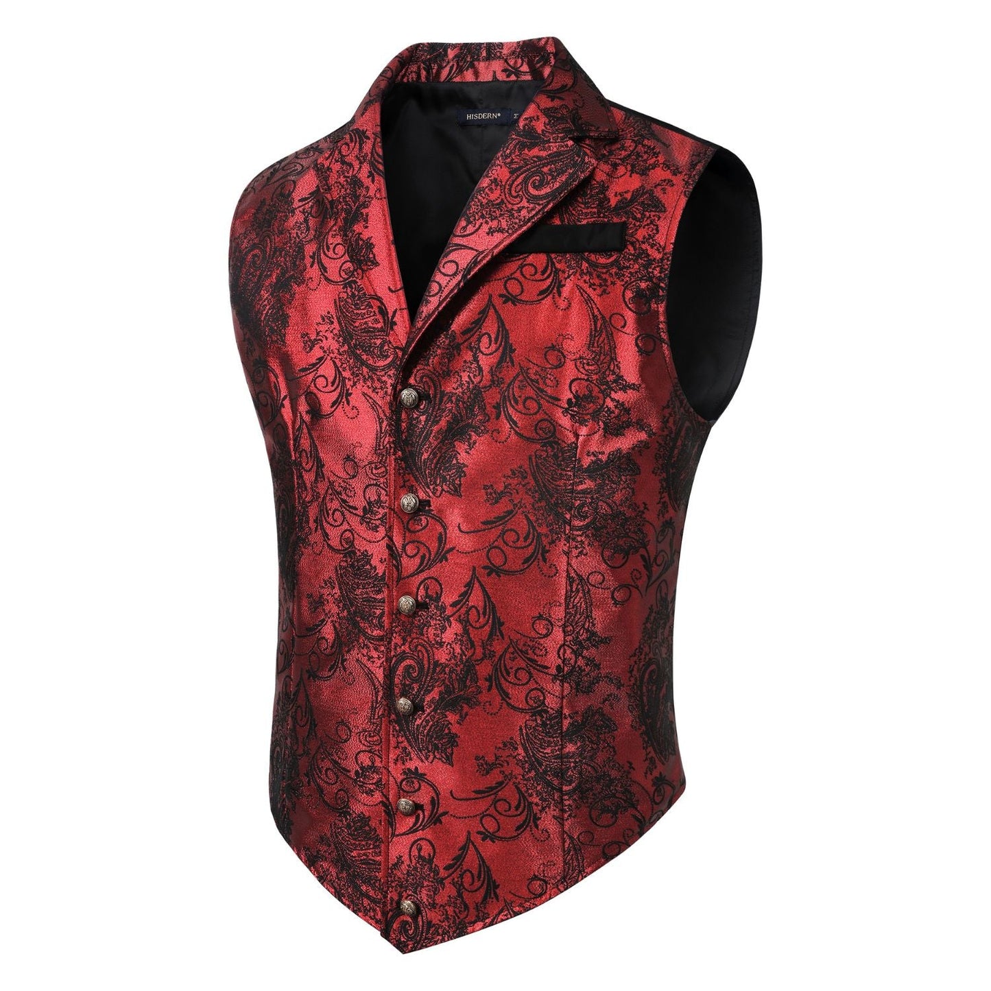 Hisdern Gothic Men's Formal Vest Silver Red Black Lapel Party Coat