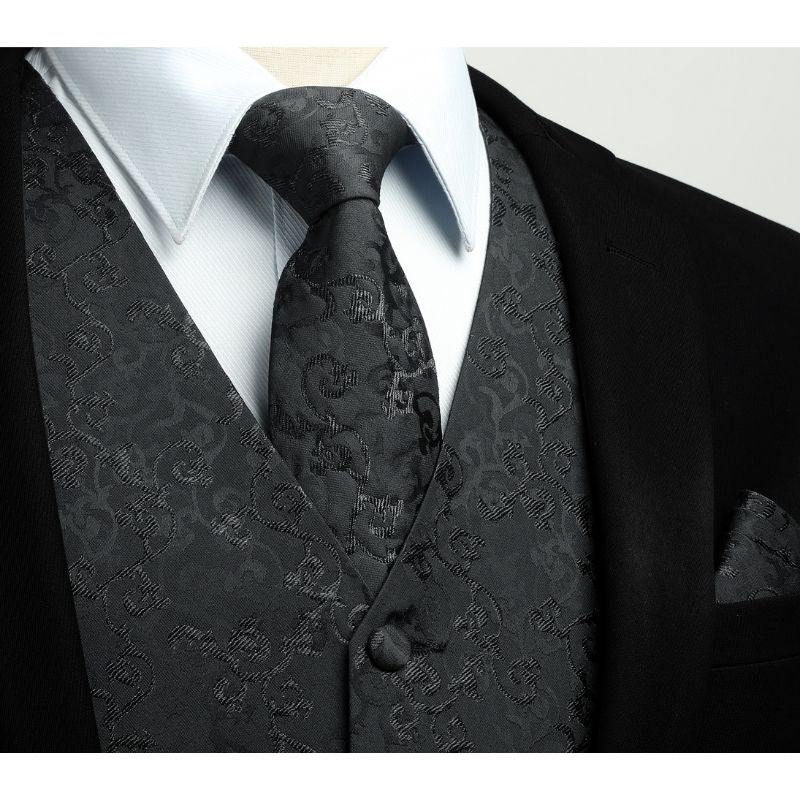 Hisdern Men's Black Floral Vest Tie Set For Weddings