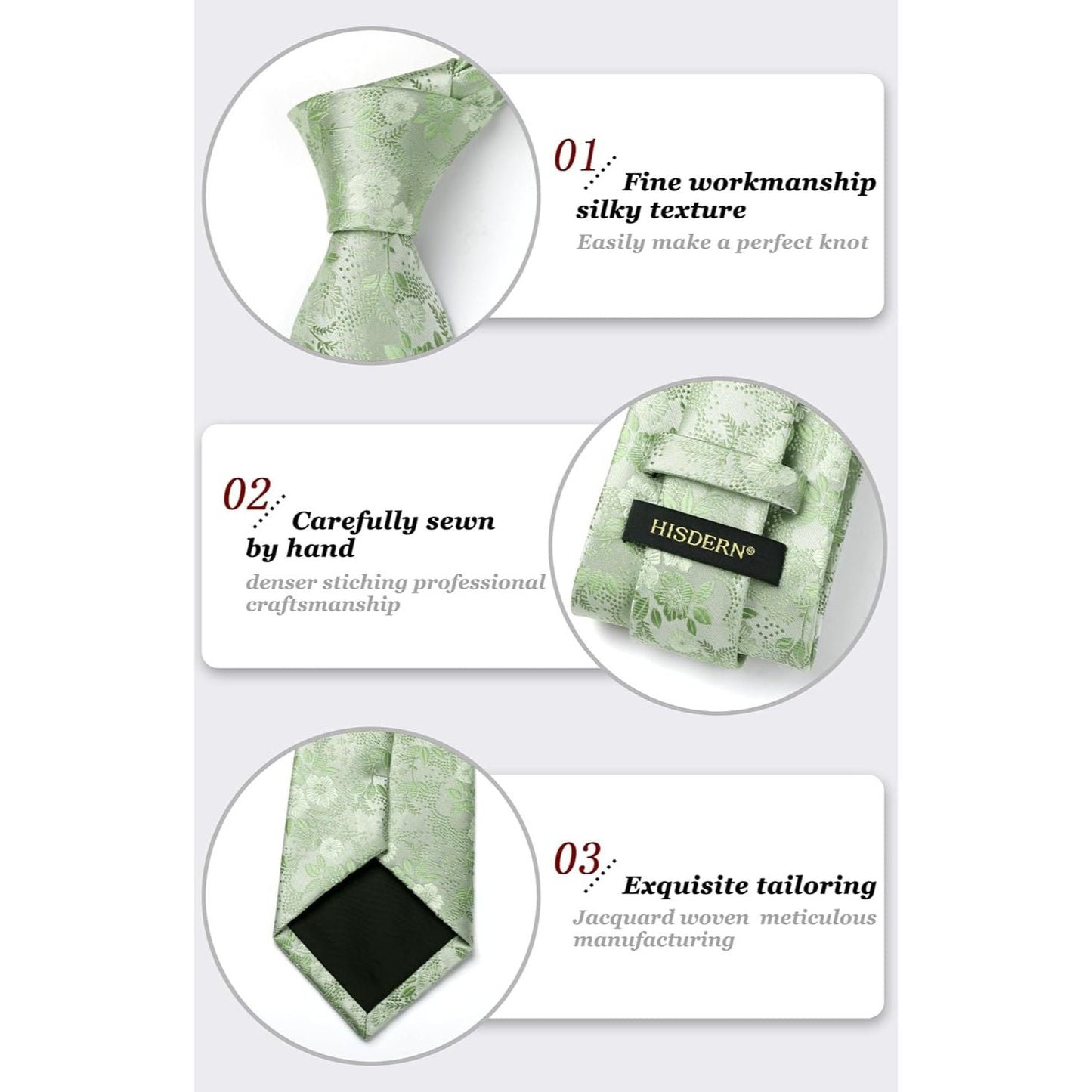 Hisdern Sage Green Wedding Tie Set – Floral Tie & Pocket Square