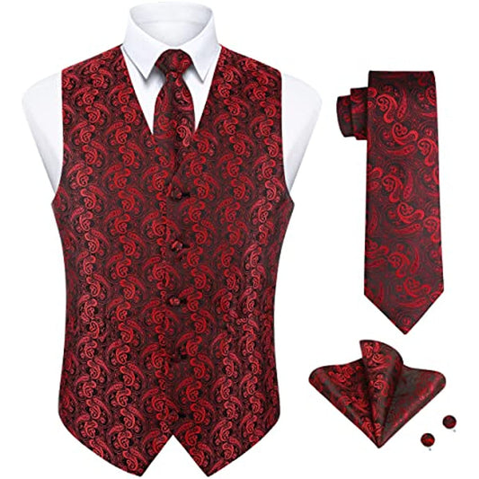 Hisdern Men's Burgundy Paisley Vest Tie Set For Weddings