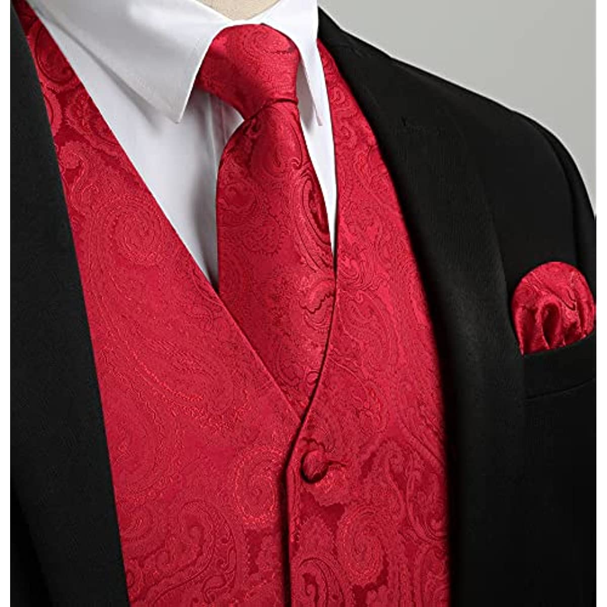 Hisdern Men's Red Paisley Vest Tie Set For Weddings